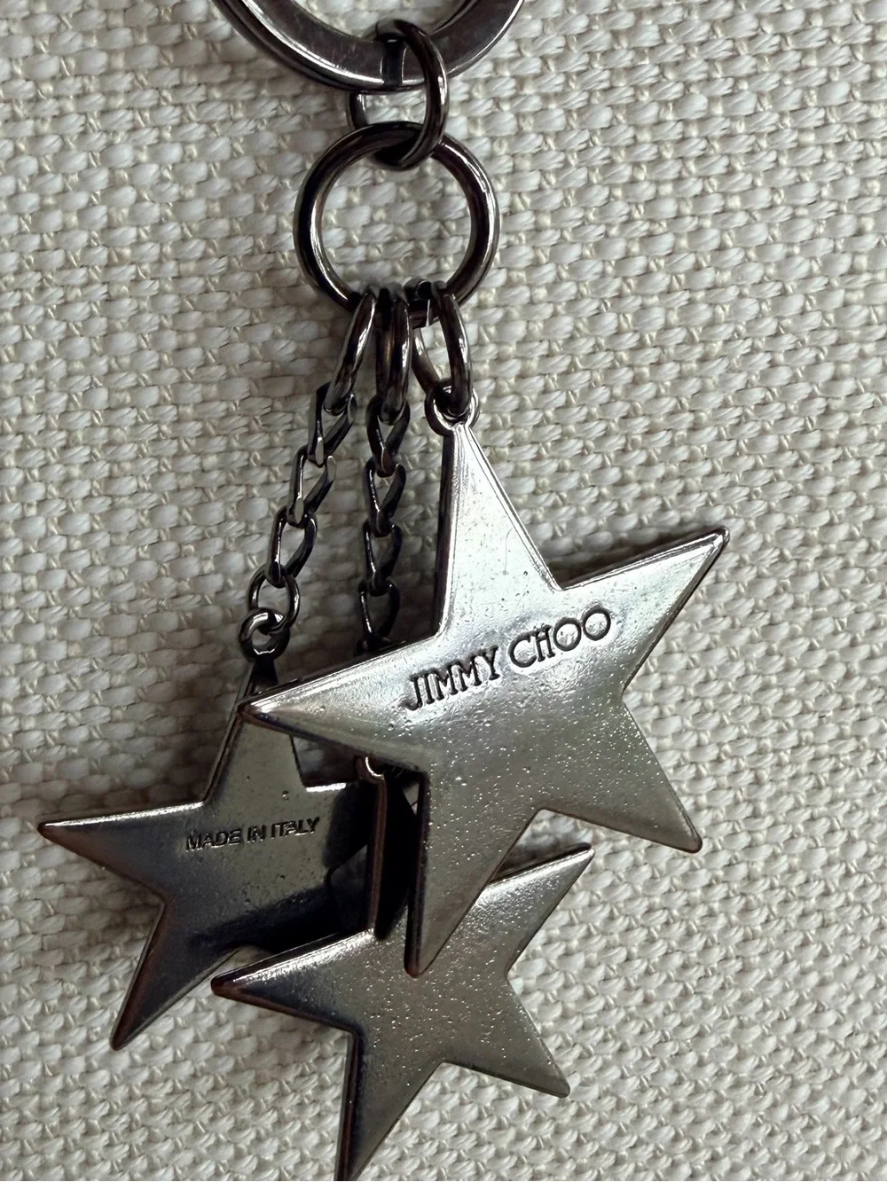 JIMMY CHOO Gunmetal Triple Star Bag Charm Keychain Key Ring